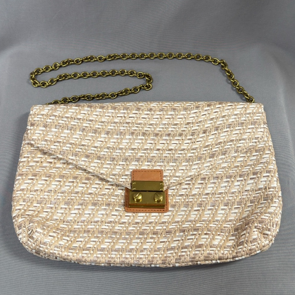 NWT J.Crew Raffia Shoulder Bag Clutch Purse Tan Woven Gold Chain Boho Leather